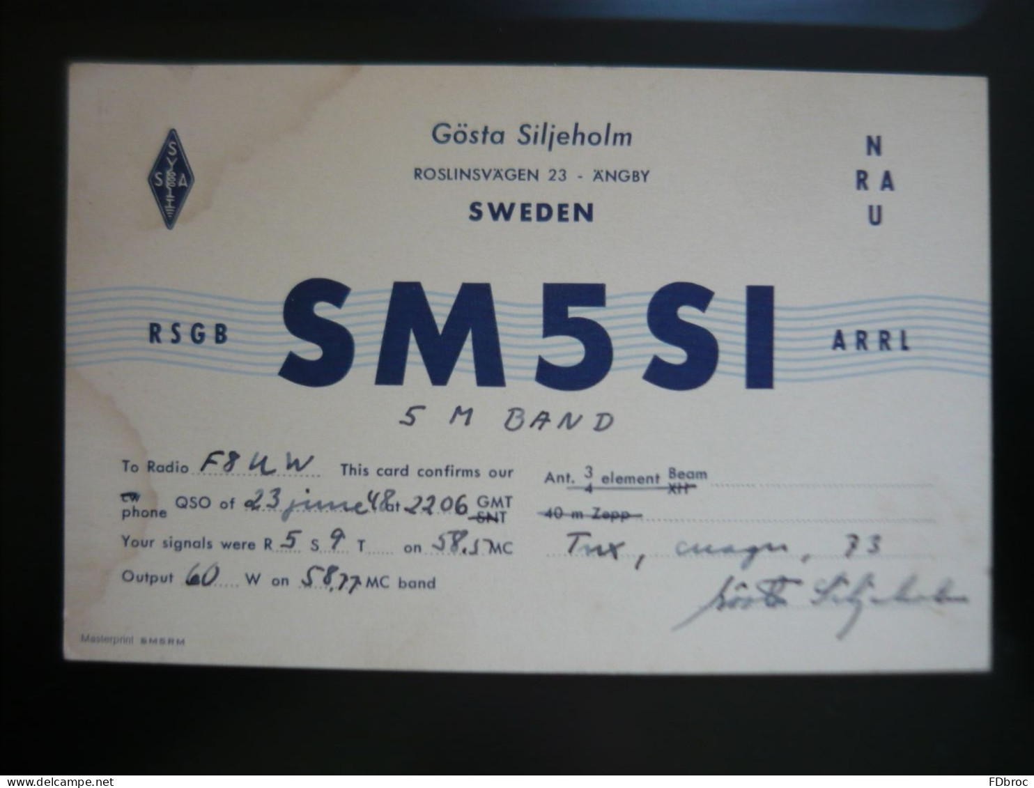 Radio Amateur Suède Carte QSL ANGBY Stockholm QRA : Gosta Siljeholm SM5SI - Radio Amateur