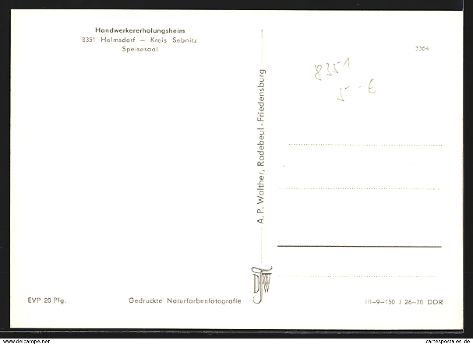 AK Helmsdorf /Kreis Sebnitz, Speisesaal Im Handwerkererholungsheim  - Sebnitz