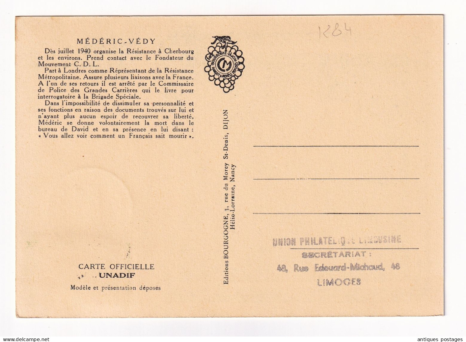 Carte Maximum Médéric Védy 1959 Paris Résistance Seconde Guerre Mondiale WW2 - 1950-1959