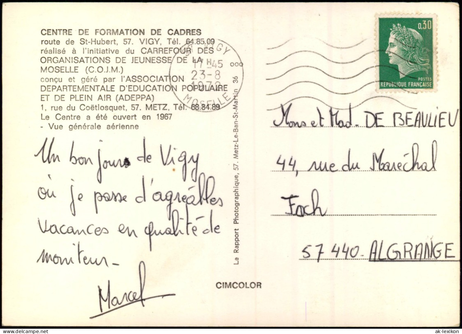 .Frankreich CENTRE DE FORMATION DE CADRES Route De St-Hubert, 57. VIGY 1972 - Other & Unclassified