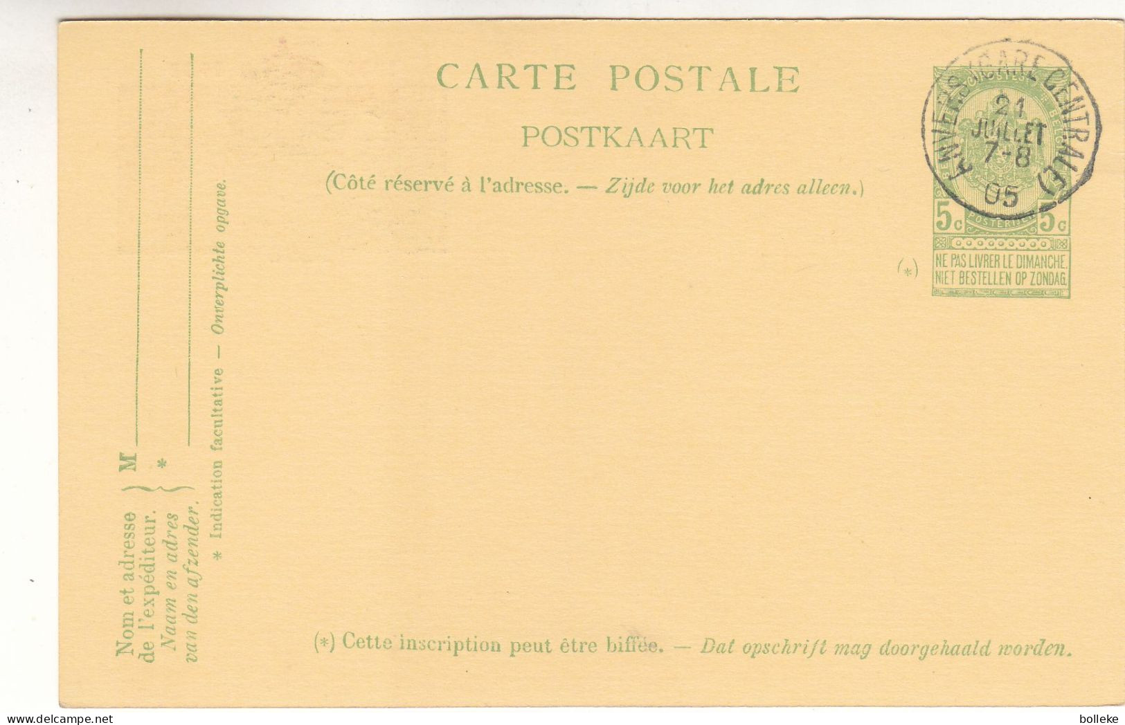 Belgique - Carte Postale De 1905 - Entier Postal - Oblit Anvers Gare Centrale - - Postcards 1871-1909