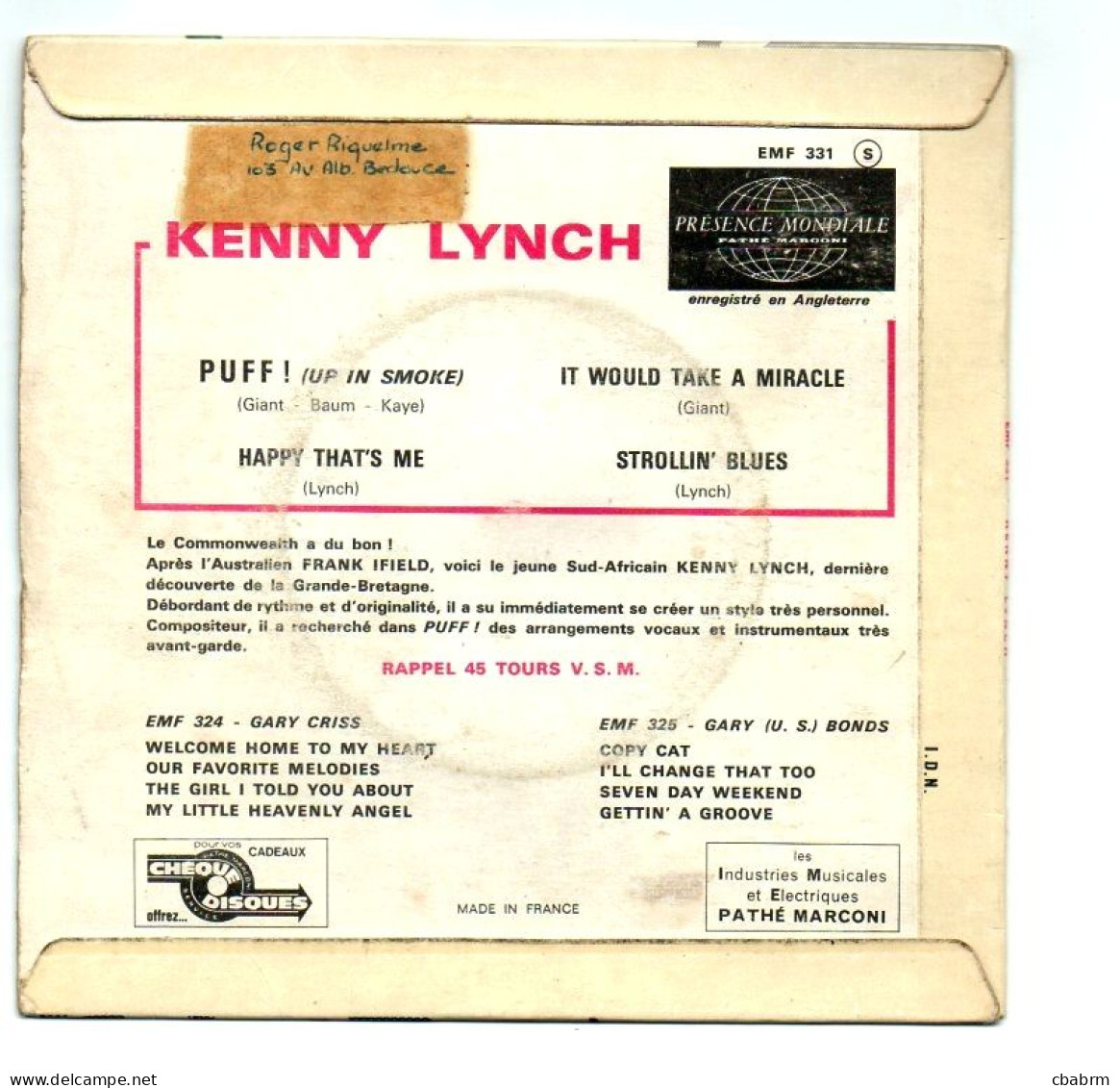 EP 45 TOURS KENNY LYNCH PUFF ! 1962 FRANCE La Voix De Son Maître – EMF 331 - 7" - Rock