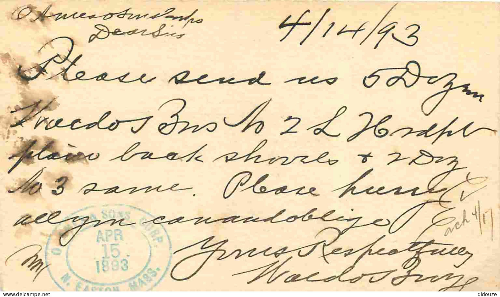 Etats Unis - Carte Potale De 1893 - Correspondance - Cachet O Ames And Sons Corporation - CPA Format 130 X 80 Mm - Voir  - Other & Unclassified