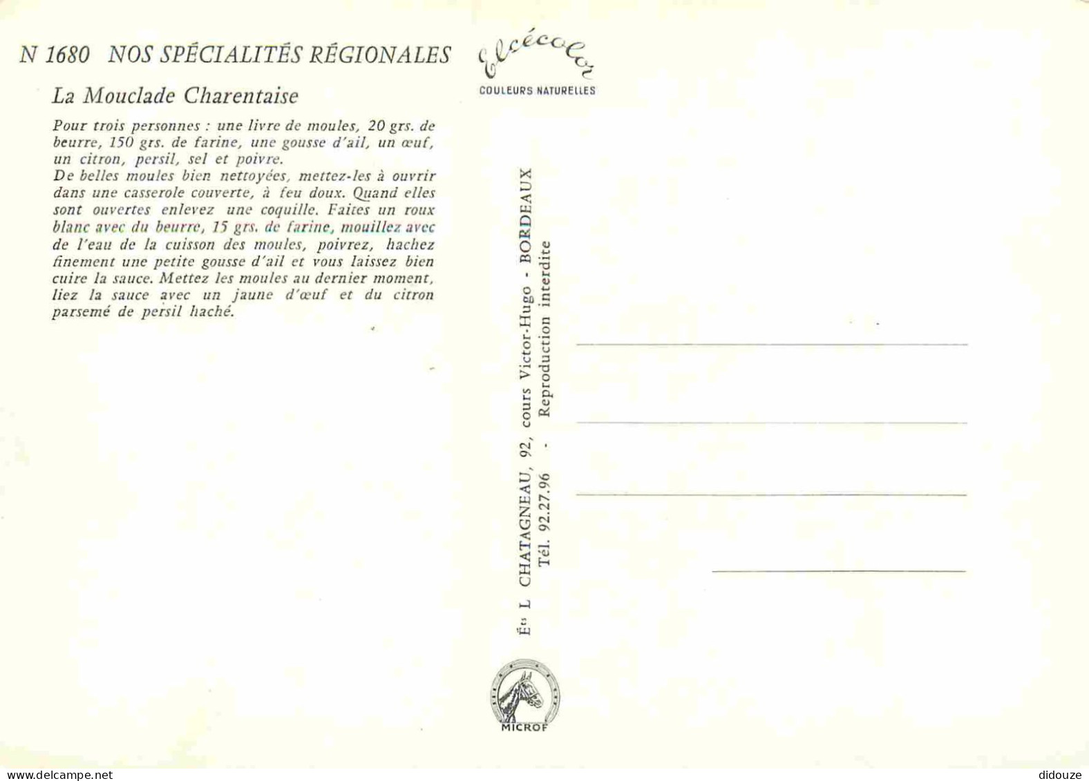 Recettes De Cuisine - Mouclade Charentaise - Gastronomie - CPM - Carte Neuve - Voir Scans Recto-Verso - Recettes (cuisine)