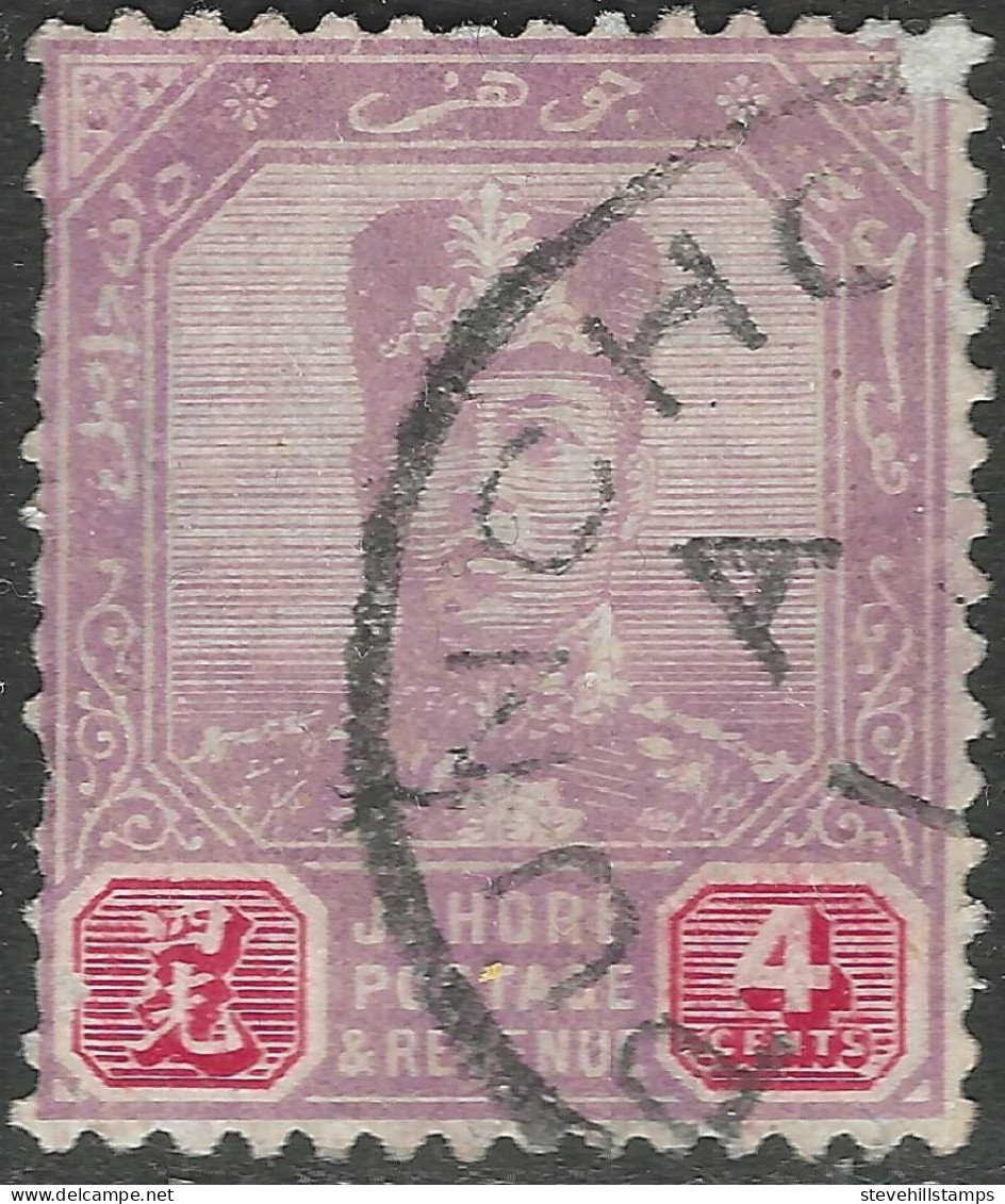 Johore (Malaysia). 1918-20 Sultan Sir Ibrahim. 4c Used. Mult Crown CA W/M SG 91. M5093 - Johore