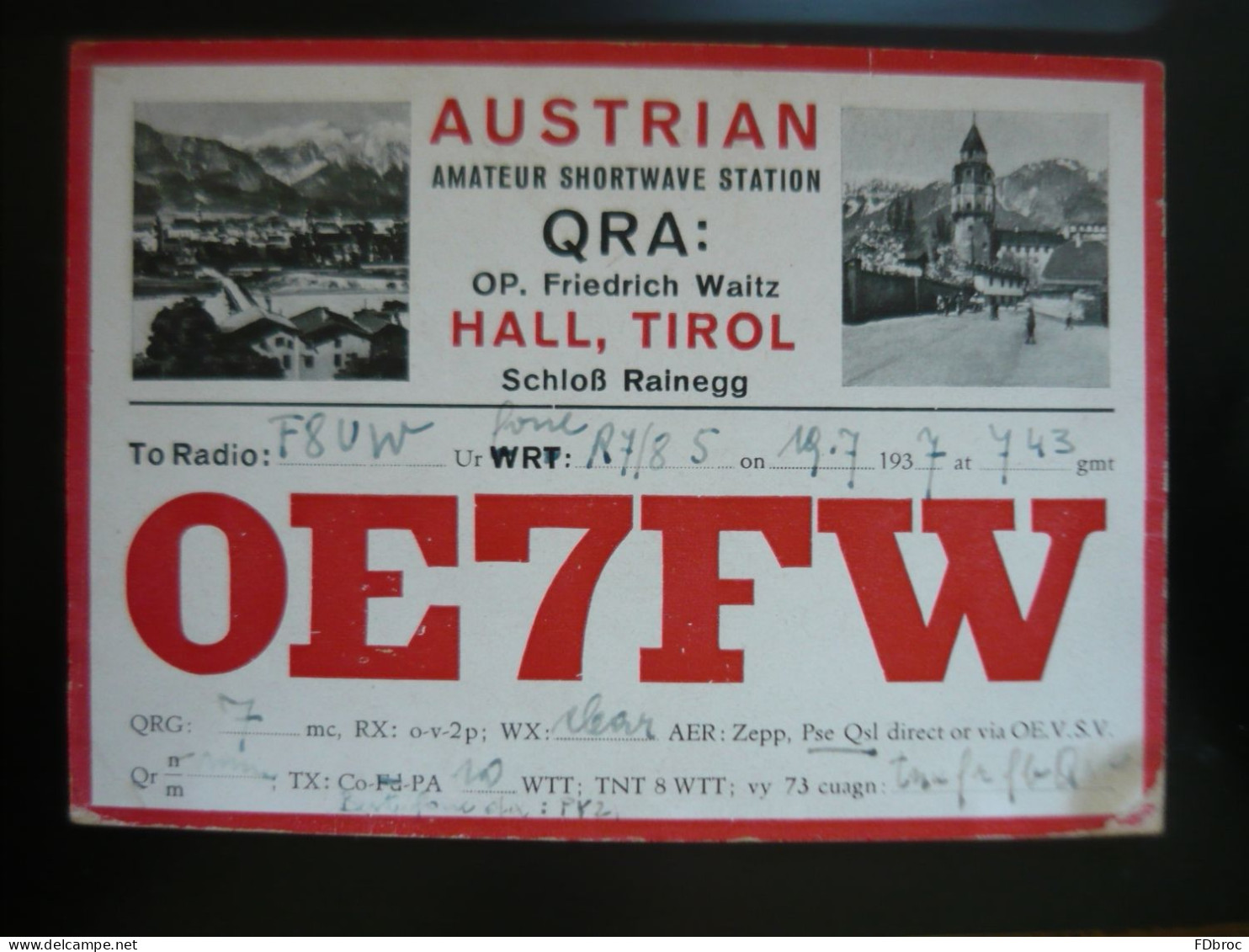 Carte QSL Radio Amateur AUSTRIAN Hall Tirol  Année 1937 QRA OP. Friedrich WAITZ - Radio Amateur