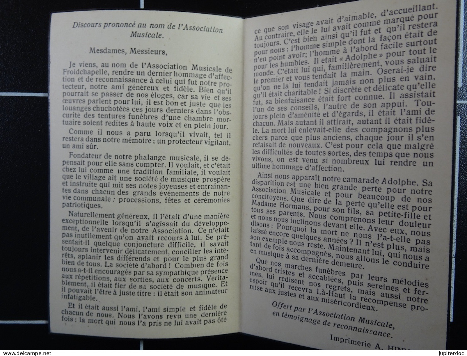 Adolphe Hormans Froidchapelle 1874  1941 (Discours Prononcé Au Nom De L'Association Musicale)  /10/ - Devotion Images