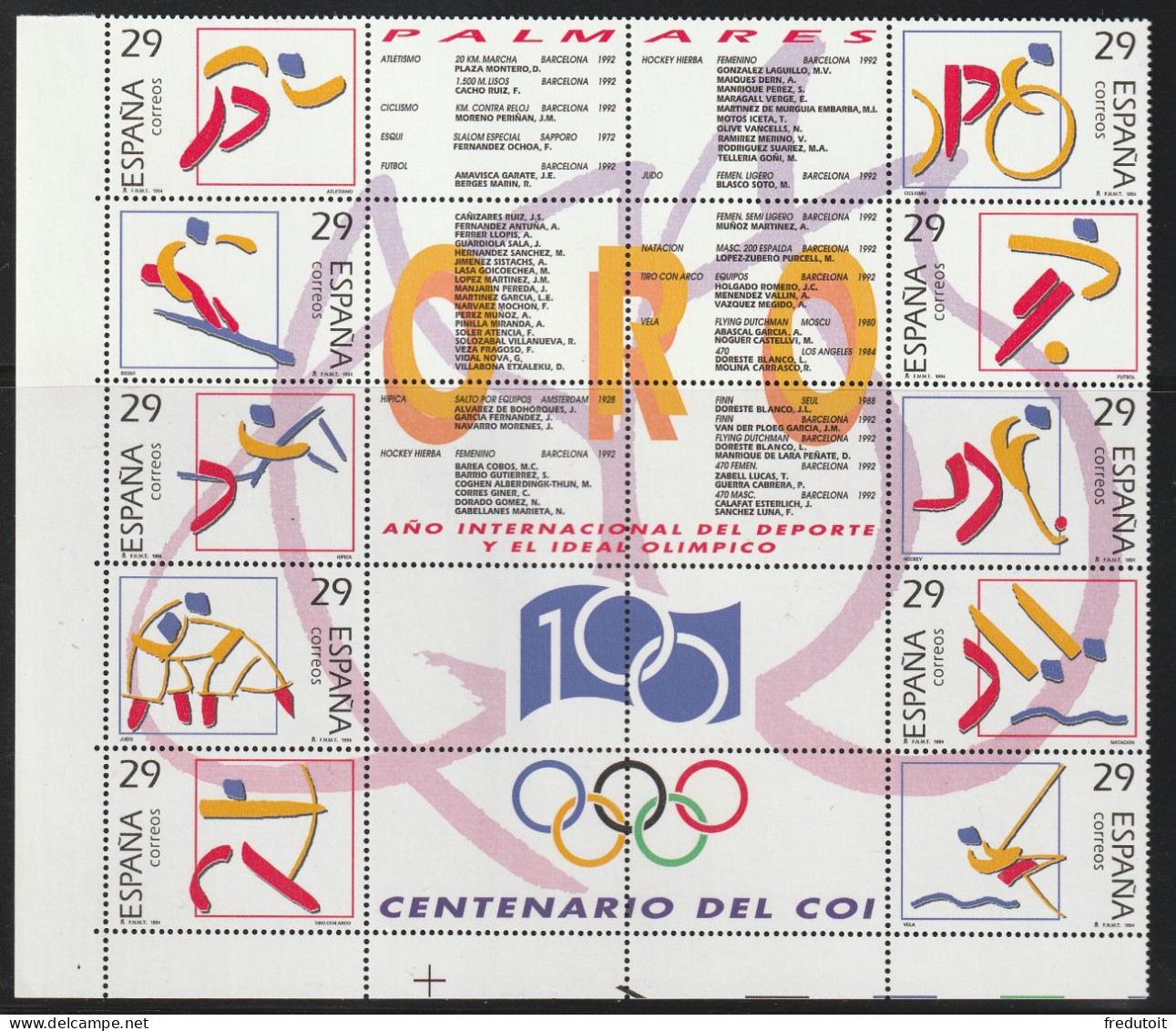 ESPAGNE - N°2916/25 ** (1994) Palmarès De Médaillés D'or Espagnols Aux J.O. - Ungebraucht