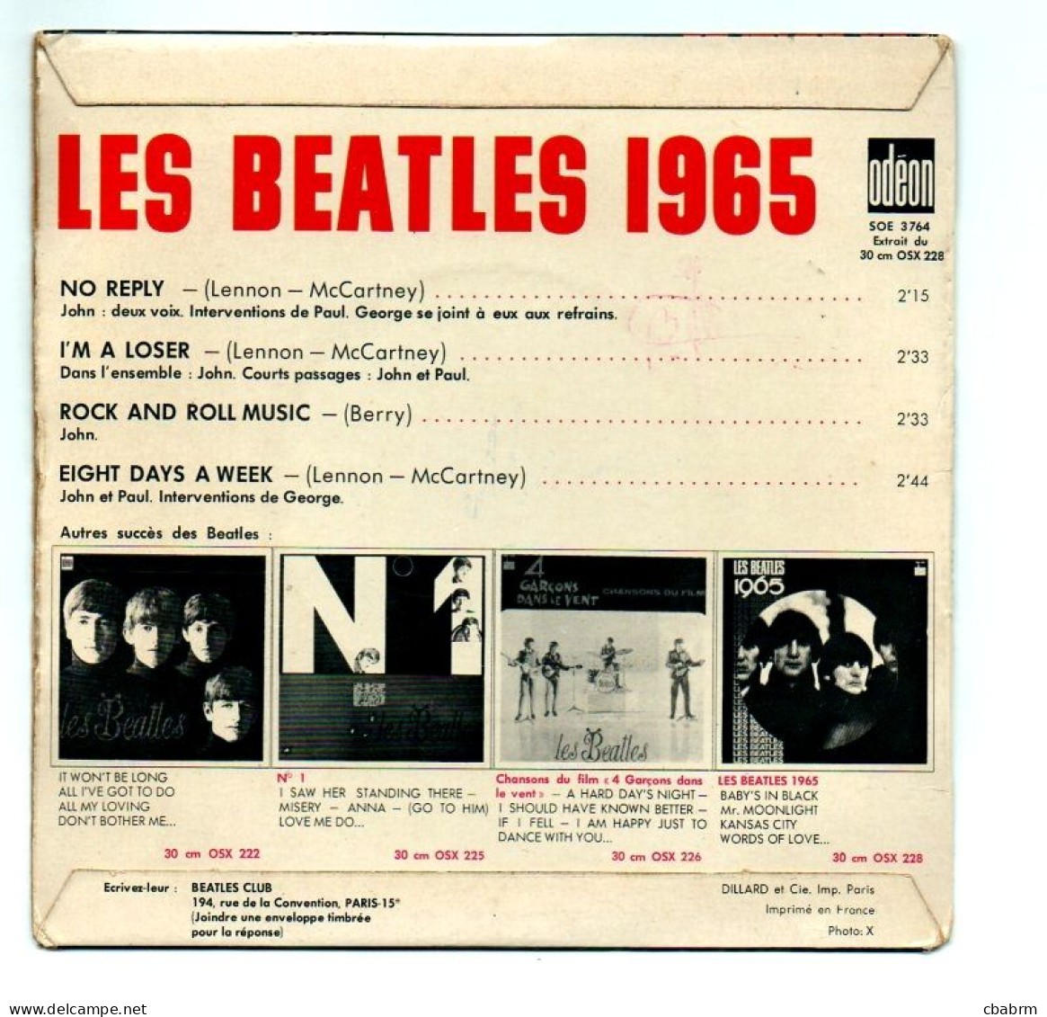 EP 45 TOURS THE BEATLES EIGHT DAYS A WEEK FRANCE 1965 LABEL ORANGE SOE 3764 - 7" - Rock