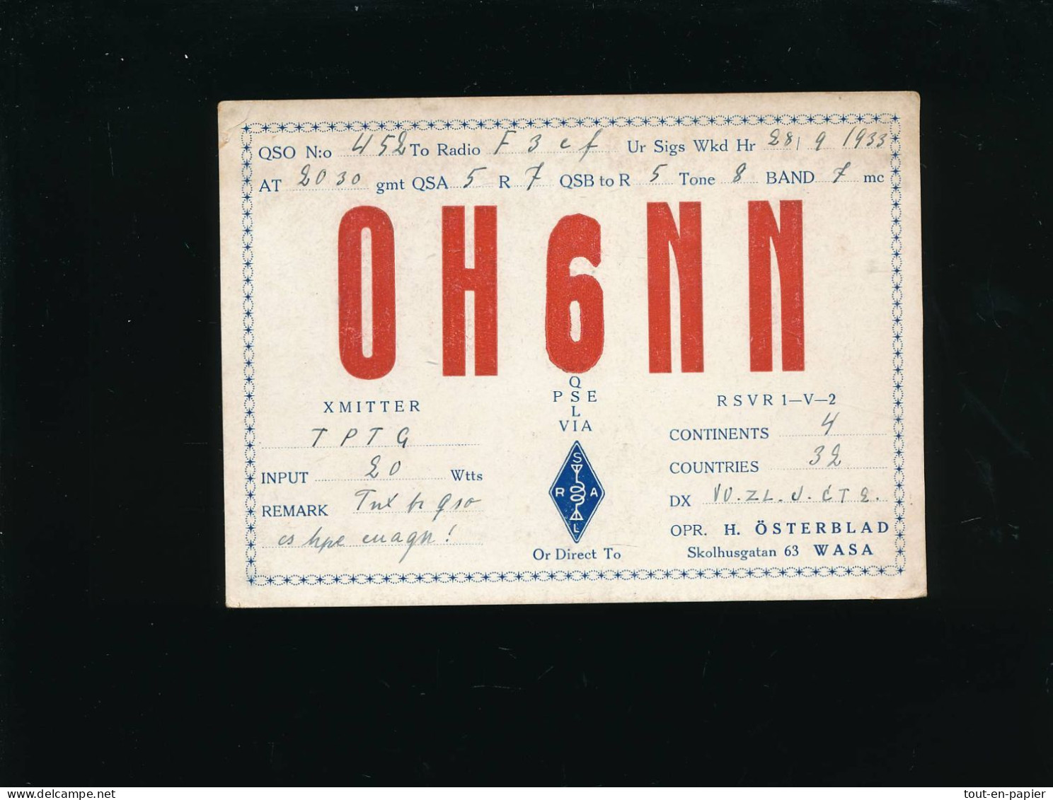 QSL Carte Radio - 1933 - Suède Wasa VAsa - OH6NN  - H. Osterblad - Radio Amateur