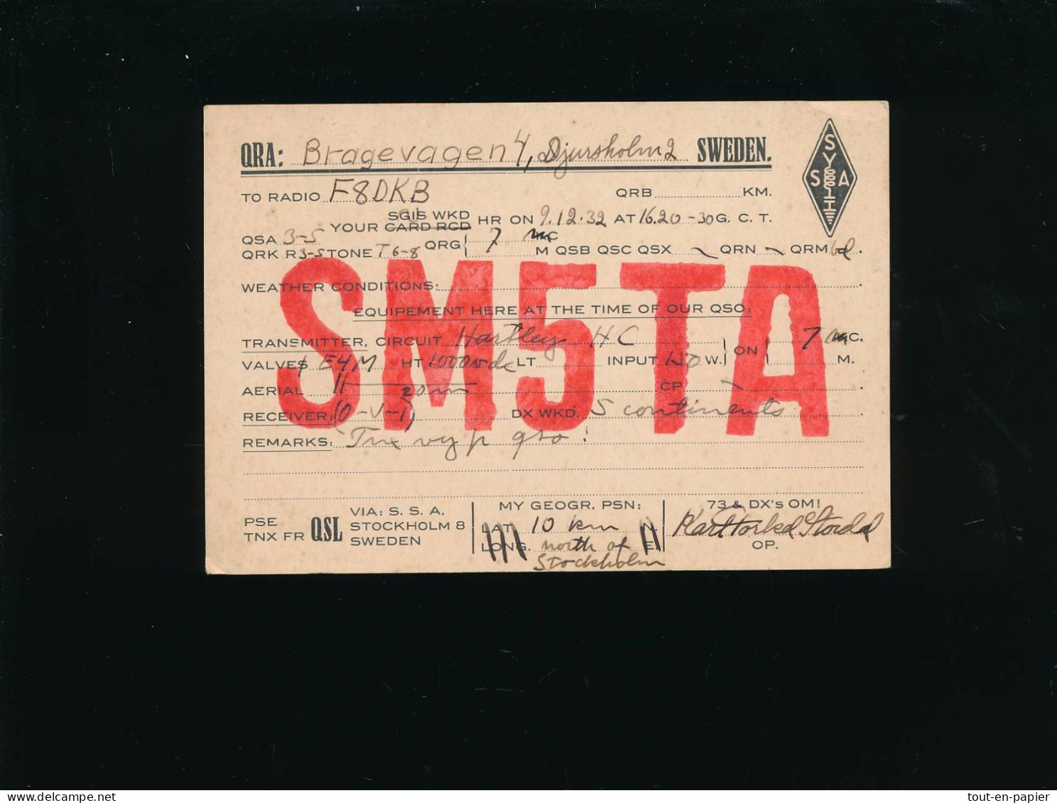 QSL Carte Radio - 1932 - Suède Sweden- SM5TA  Vers France - Radio-amateur