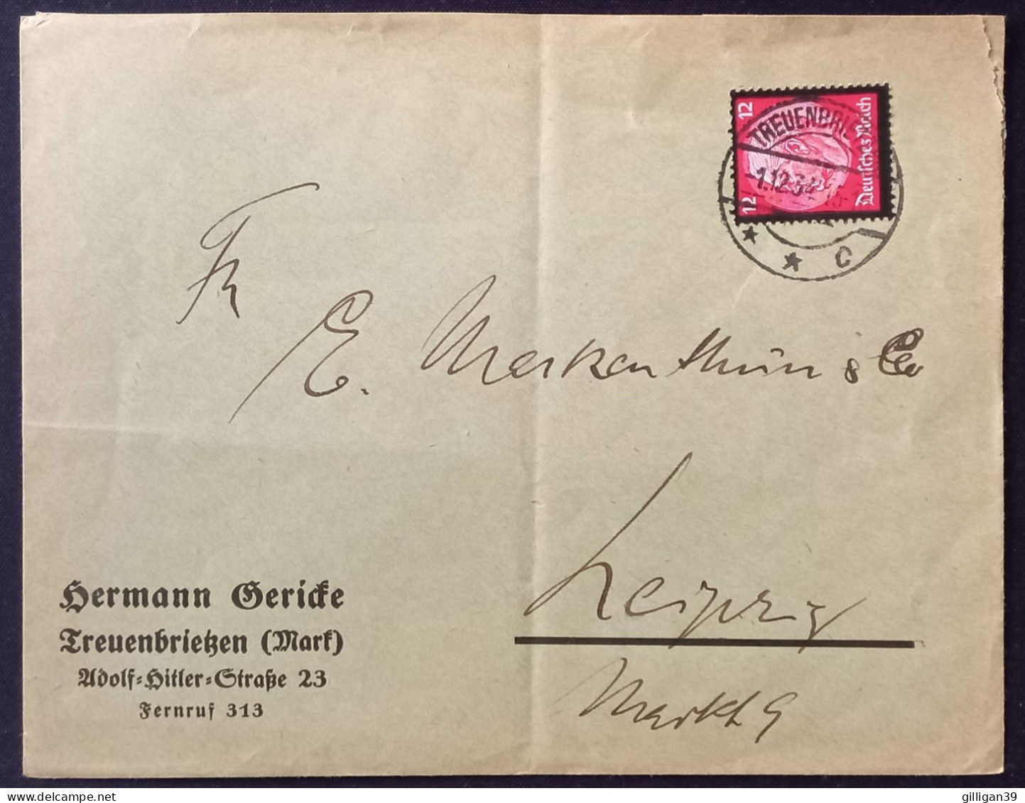 Firmenbriefumschlag (Bäckerei) Hermann Gericke, TREUENBRIETZEN (Mark), 1934 - Lettres & Documents