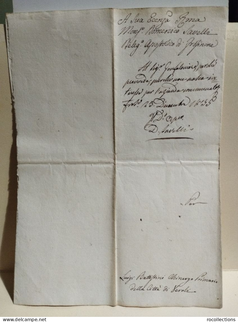 Italy Old Letter. Italia Lettera Battistini Chirurgo A Veroli, A Conte Savelli Delegato Apostolico Frosinone 1835 - Unclassified