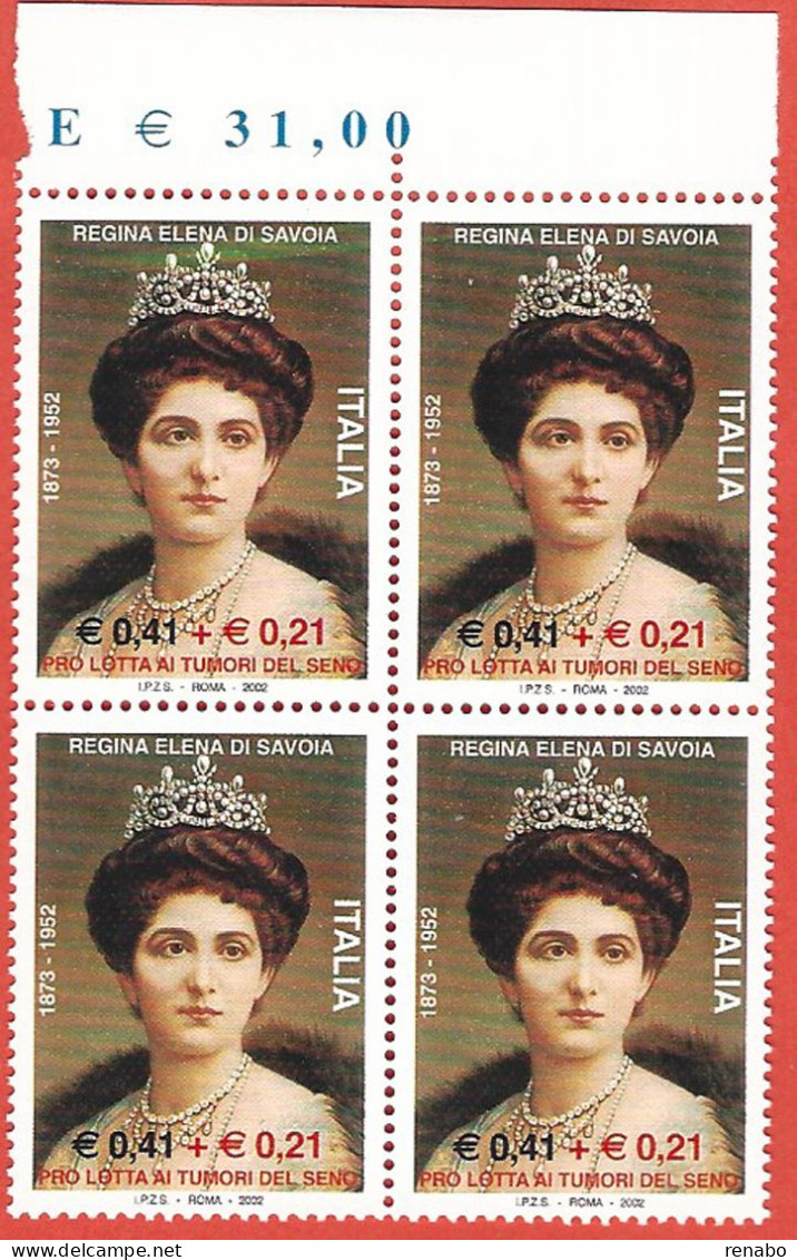 Italia 2002; Regina Elena Di Savoia + Sovrapprezzo Per Lotta Ai Tumori; Quartina Di Bordo Superiore. - 2001-10: Mint/hinged