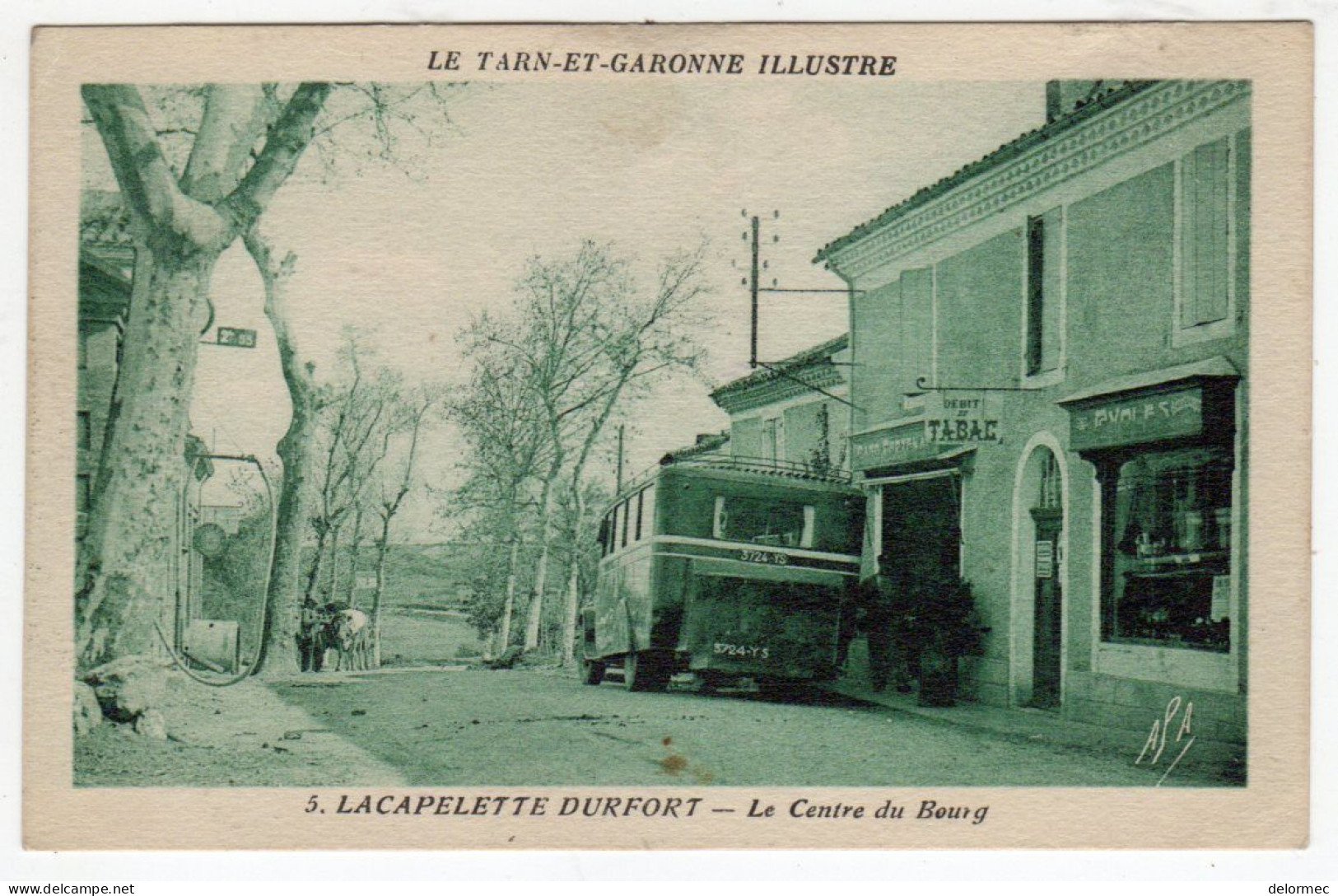 CPSM Tarn Garonne Illustré 82 Près Lauzerte Lacapelette Durfort Le Centre Bourg Vieil Autocar Devant Débit Tabac - Lauzerte