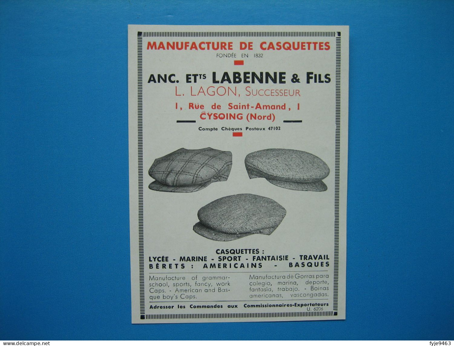 (1937) Manufacture De Casquettes - Anc. Éts LABENNE & Fils (L. LAGON, Successeur) - Cysoing (Nord) - Publicités