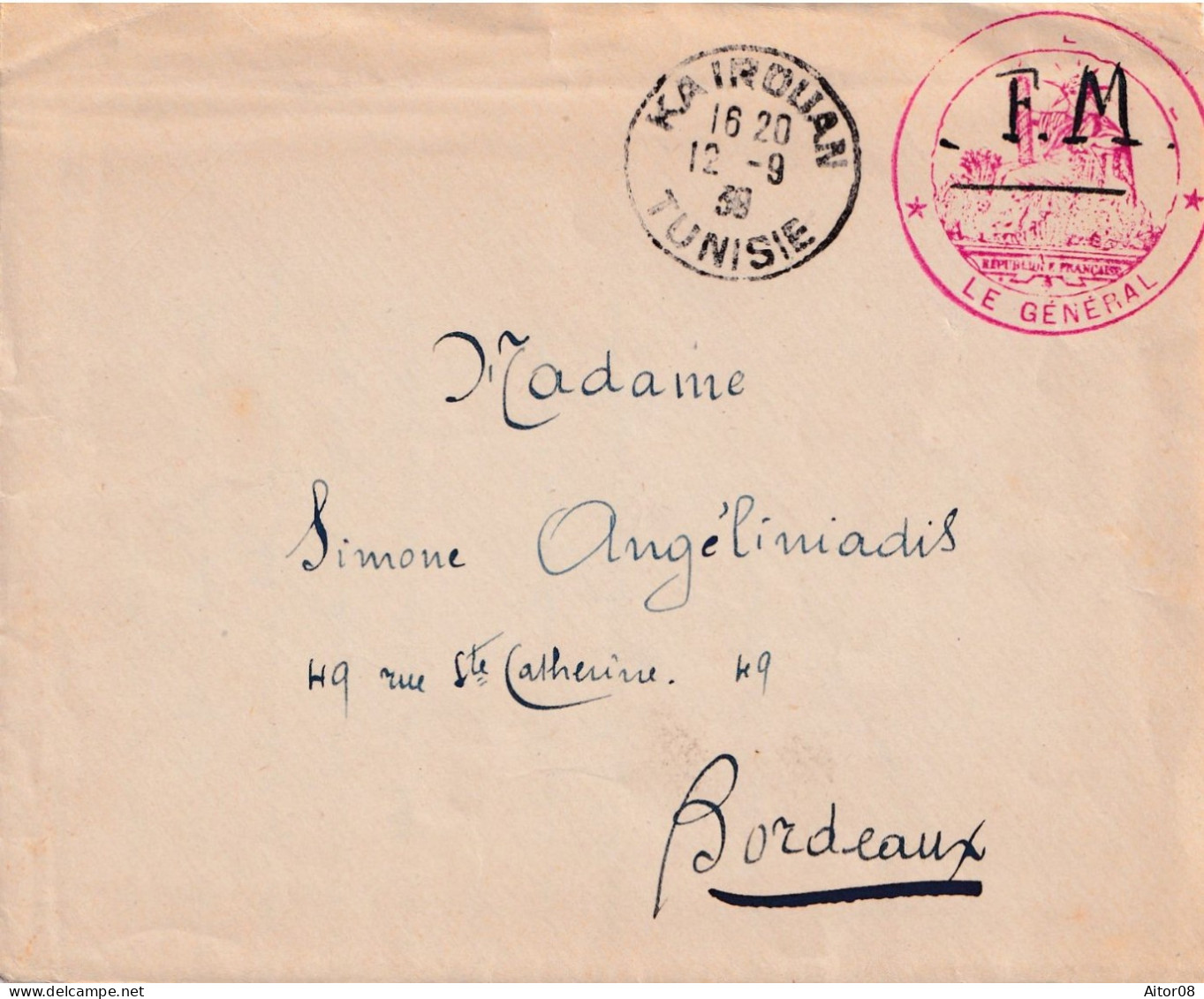 LAC DE 1939  FM  DE KAIROUAN TUNISIE A BORDEAUX.CACHET ROUGE DU GENERAL.TRES INTERESSANT . . BEL ETAT - Covers & Documents