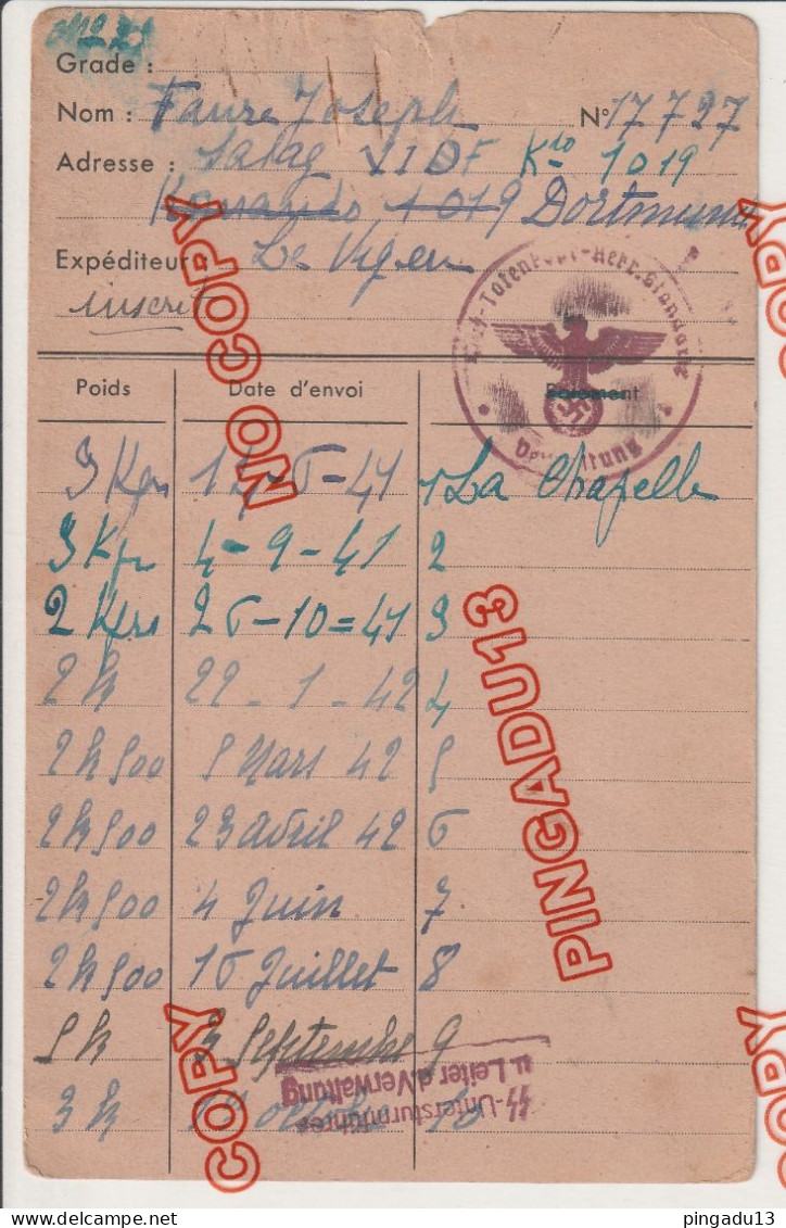 Fixe WW2 Prisonnier De Guerre Document Concernant Le Stalag VI F Dortmund Kommando 1019 Année 1942-43 - 1939-45
