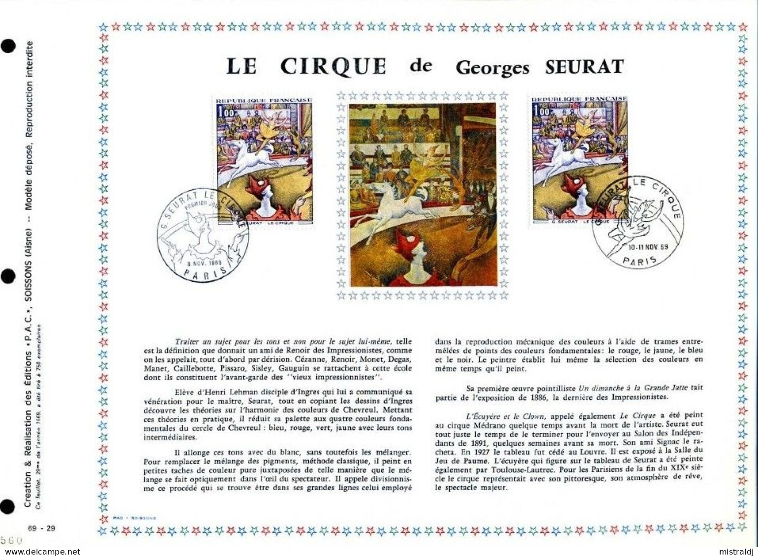 Rarissime Feuillet PAC (précurseur De CEF) De 1969 - Le Cirque De GEORGES SEURAT, 2 Timbres - 1960-1969