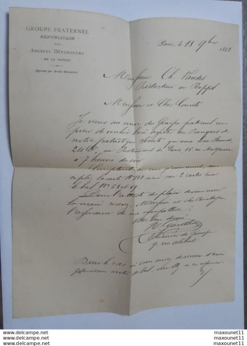 Lettre Du 18 Septembre 1888 Du Groupe Fraternel Républicain Des Anciens Défenseurs De La Patrie .. Lot90 . - Documents Historiques