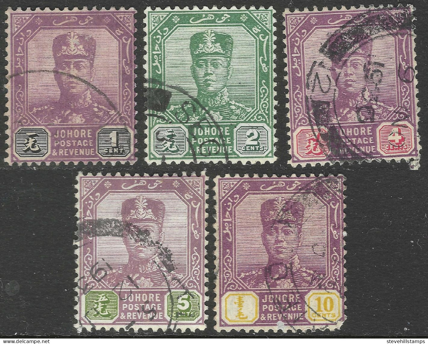 Johore (Malaysia). 1922-41 Sultan Sir Ibrahim. 5 Used Values To 10c. Script CA Watermark. SG 103-112. M5094 - Johore