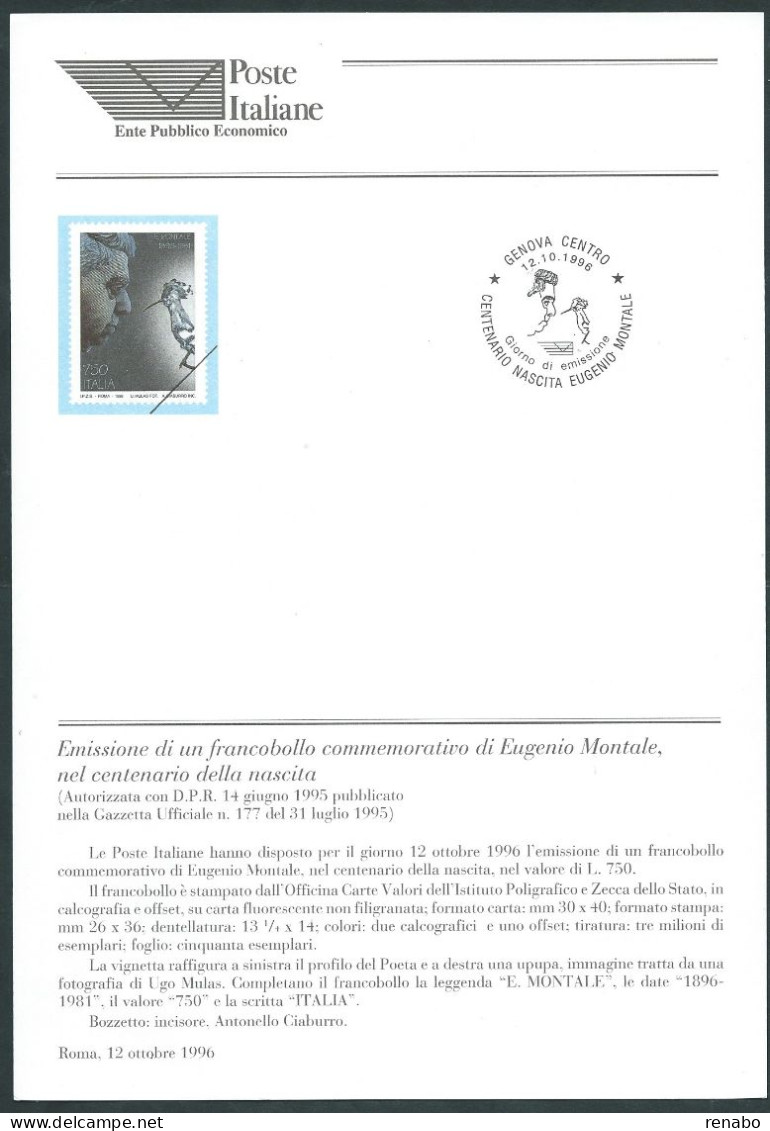 Italia 1996; Bollettino Ufficiale Delle Poste Italiane: "Eugenio Montale, Nel Centenario Della Nascita" - 1991-00: Nieuw/plakker