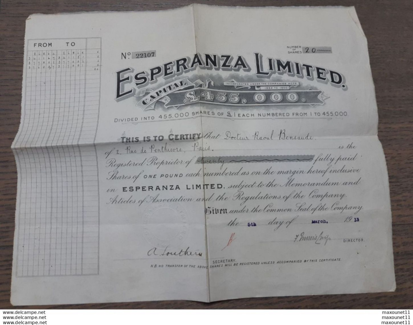 Titre Du 5 Mars 1913 De La " Esperanza Limited " ... Lot90 . - Sonstige & Ohne Zuordnung