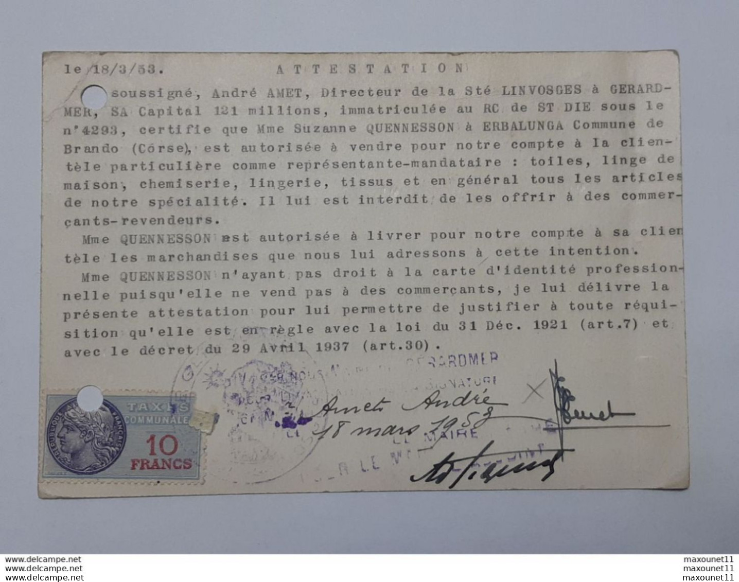 Attestation De Vente Fait Par Sté Linvosges à Gerardmer Pour Représentante De Erbalunga Brando En Corse .. Lot90 . - Textile & Vestimentaire