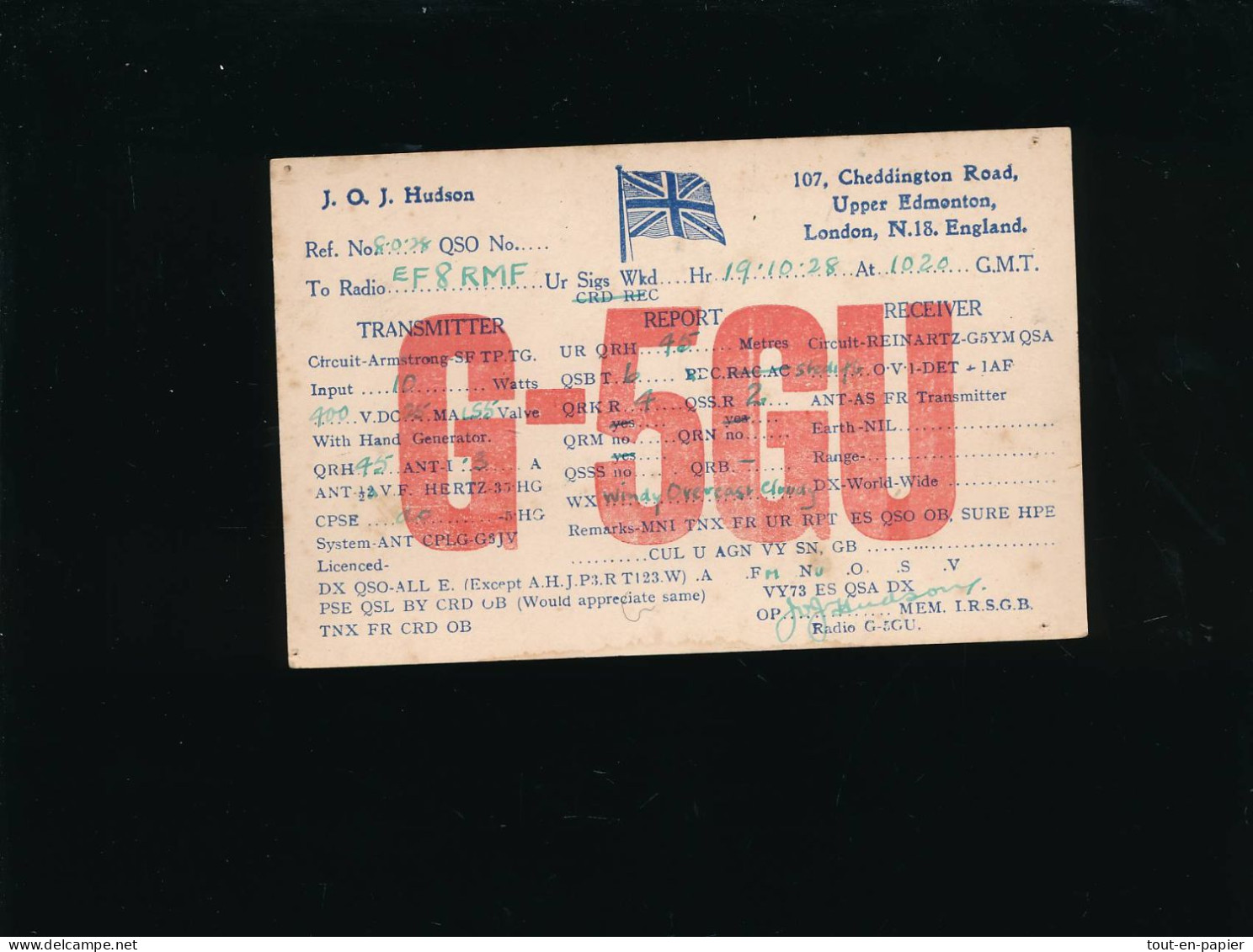QSL Carte Radio - 1928 - Angleterre England Royaume-Uni - G-5GU  Vers France Cherbourg  J.Q.J. Hudson - Radio Amateur
