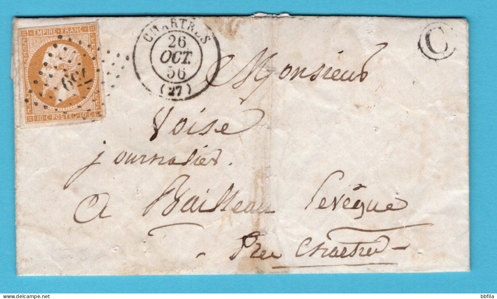 FRANCE Entire 1856 Dot Cancel 759 To Chartres - 1853-1860 Napoleon III