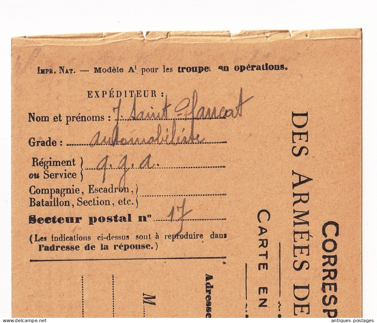 Carte Première Guerre Mondiale 1918 WW1 Grand Quartier Général  Automobiliste Postal 17 Saint Plancat - Guerre De 1914-18