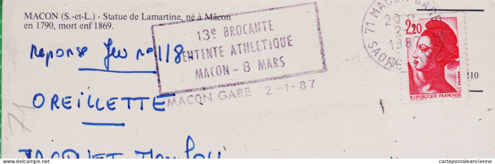 27009 / ⭐ 71-MACON  Statue LAMARTINE Flamme Postale 13em Brocante Entente Athlétique 08.03.1987 Editions COMBIER - Macon