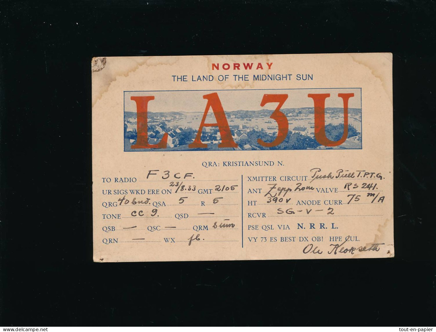 QSL Carte Radio - 1933 - Norway Norvege - LA3U  Vers France - Radio Amateur