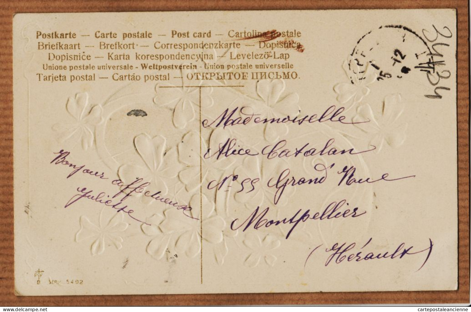 27469 / ⭐ Carte-Relief Embossed JOYEUX NOEL Porte-Bonheur Sabot Trèfle 4 Feuilles 1905s à Alice CATALAN  - Other & Unclassified