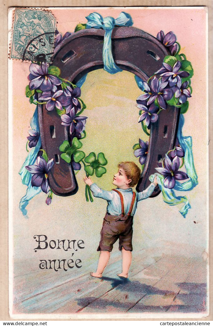 27394 / ⭐ BONNE ANNEE Porte Bonheur Fer à Cheval Carte-Photo 1905 à Gabrielle AUGER 19 Rue Ferdinant Saint-Etienne - New Year