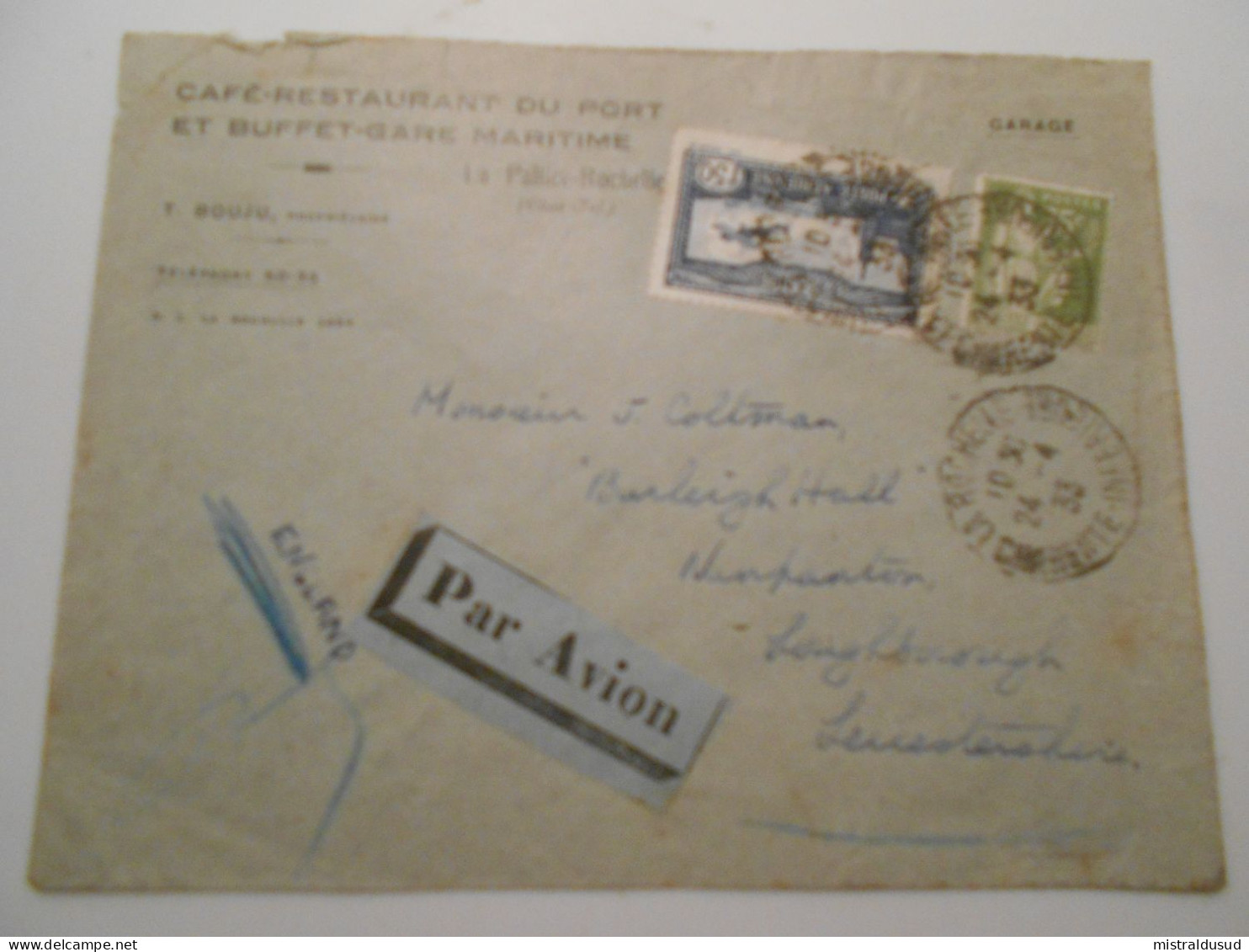 France Poste Aerienne , Lettre De La Roçhelle 1933 Pour Leuçestershire - 1927-1959 Covers & Documents