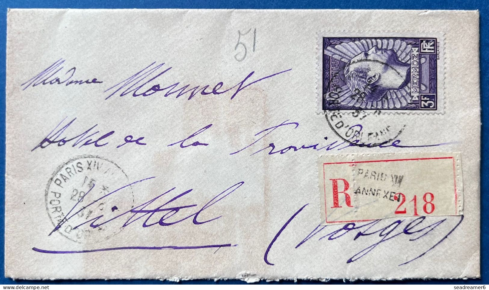 Lettre Recommandé 1937 N°338a  3FR Violet JEAN MERMOZ Oblitéré De PARIS XIV Annexe 1 Pour VITTEL TTB - Covers & Documents