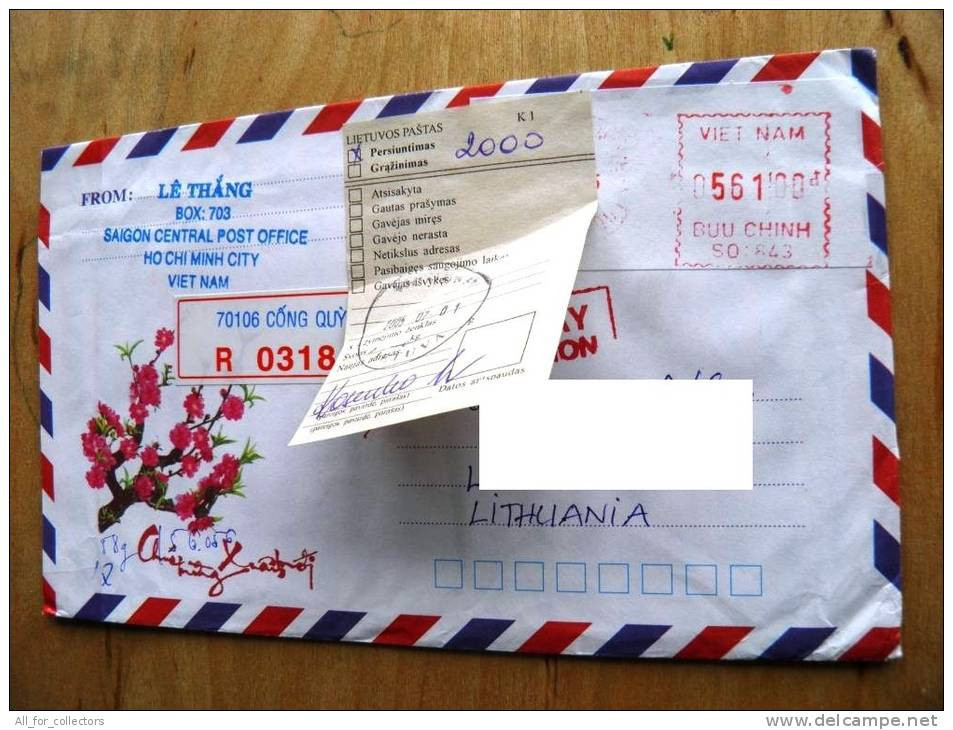 Registered Cover Sent From Vietnam To Lithuania, Red Machine Cancel, Label Of Lithuanian Post And Russia On Back Side - Vietnam