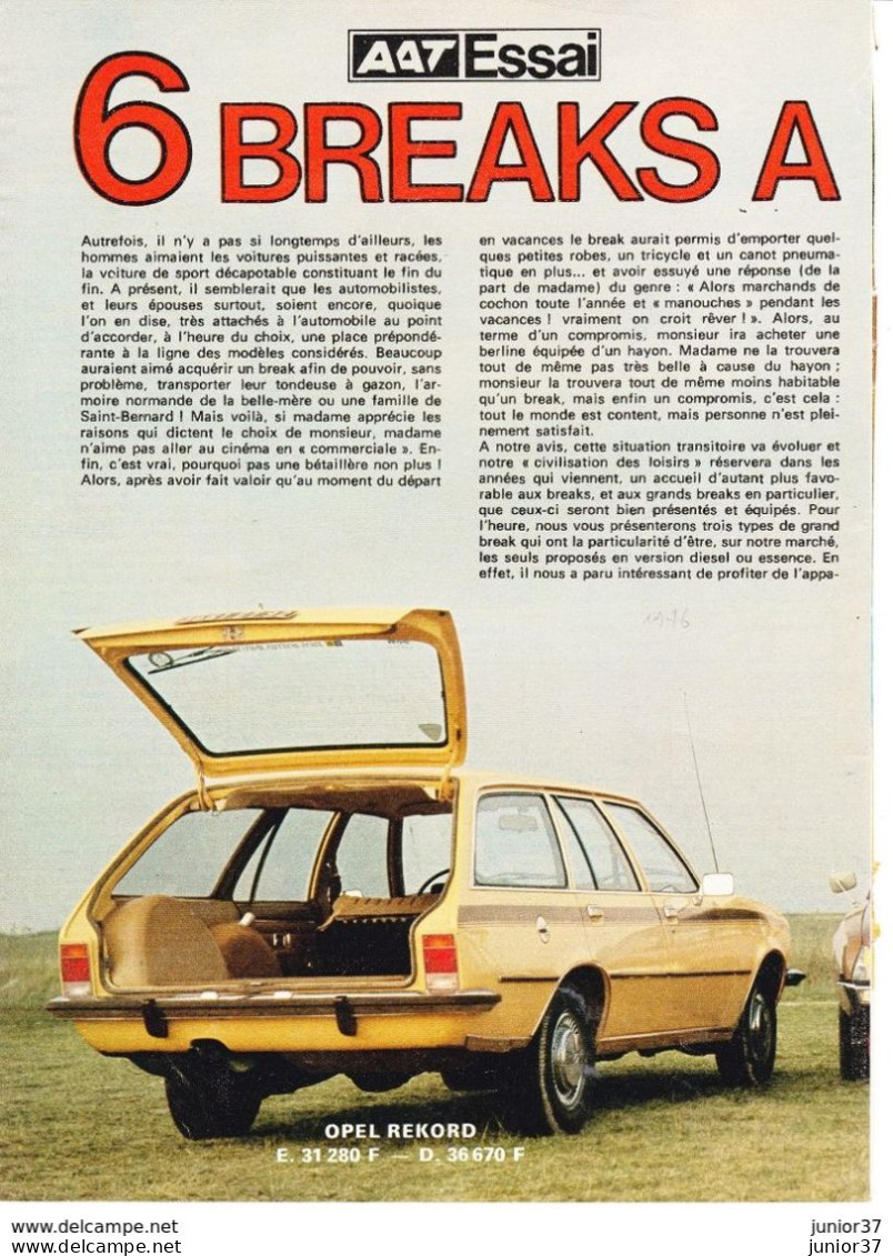 3 Feuillets De Magazine Opel Rekord Break 1976, Rekord II 1972. - Voitures