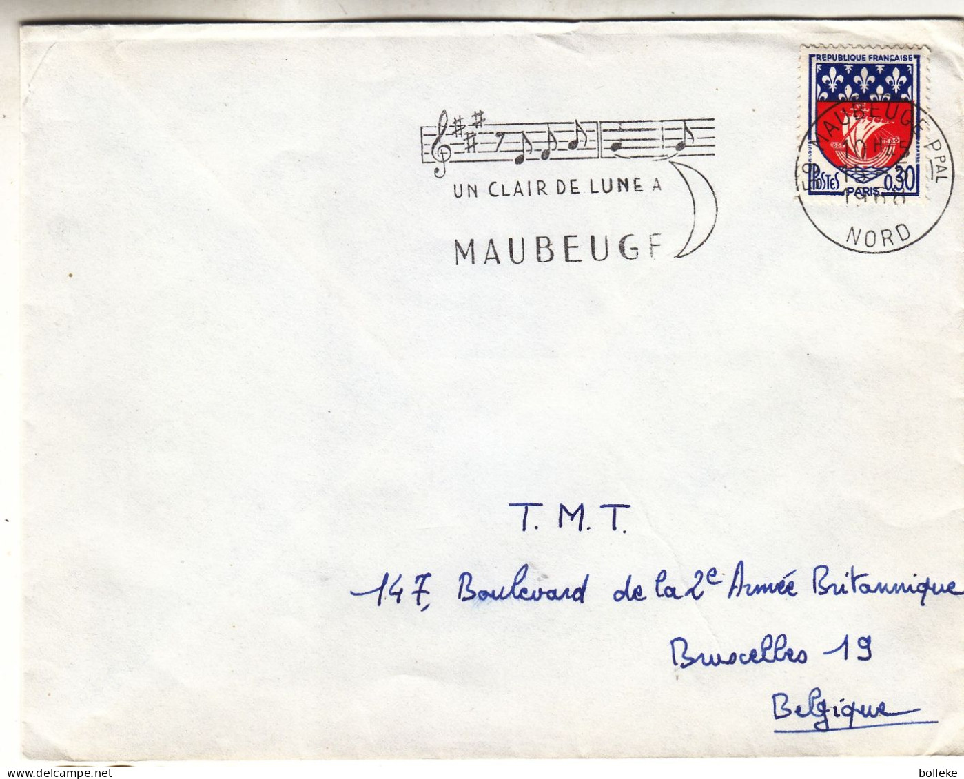 France - Lettre De 1968 - Oblit Maubeuge - Musique - Chanson - Un Clair De Lune - Armoiries - - Briefe U. Dokumente
