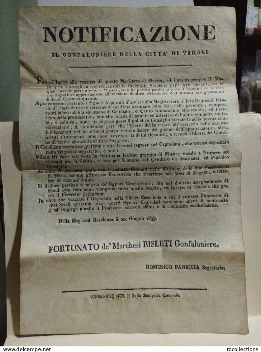 Italy Old  Poster. Italia Notificazione Elezione Professore Di Musica.. Gonfaloniere Bisleti Veroli 1835.  38x26 Cm - Manifesti