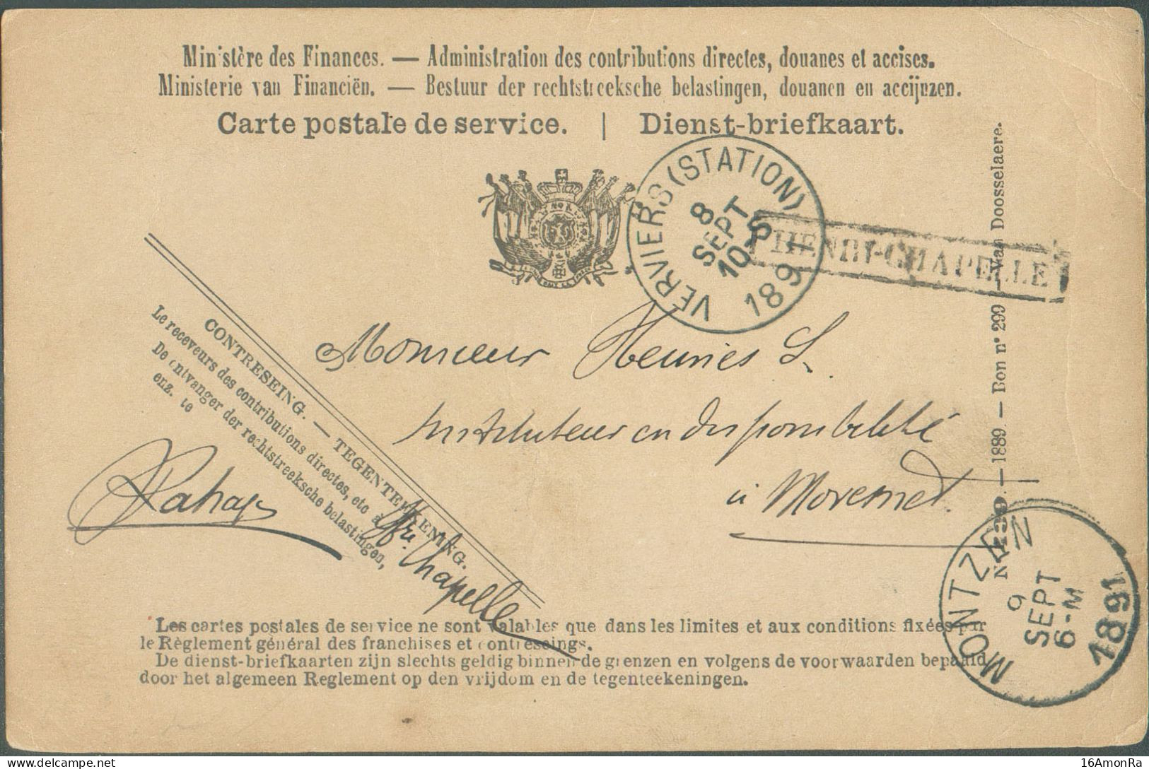 C.P. De Service Obl. Sc VERVIERS (STATION) 8 Sept. 1891 + Griffe HENRI-CHAPELLE Vers MONTZEN (9/9)   22185bis  Cantons D - Sello Lineal