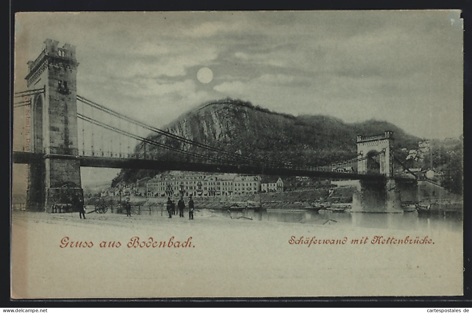 Mondschein-AK Bodenbach, Schäferwand Mit Kettenbrücke  - Czech Republic