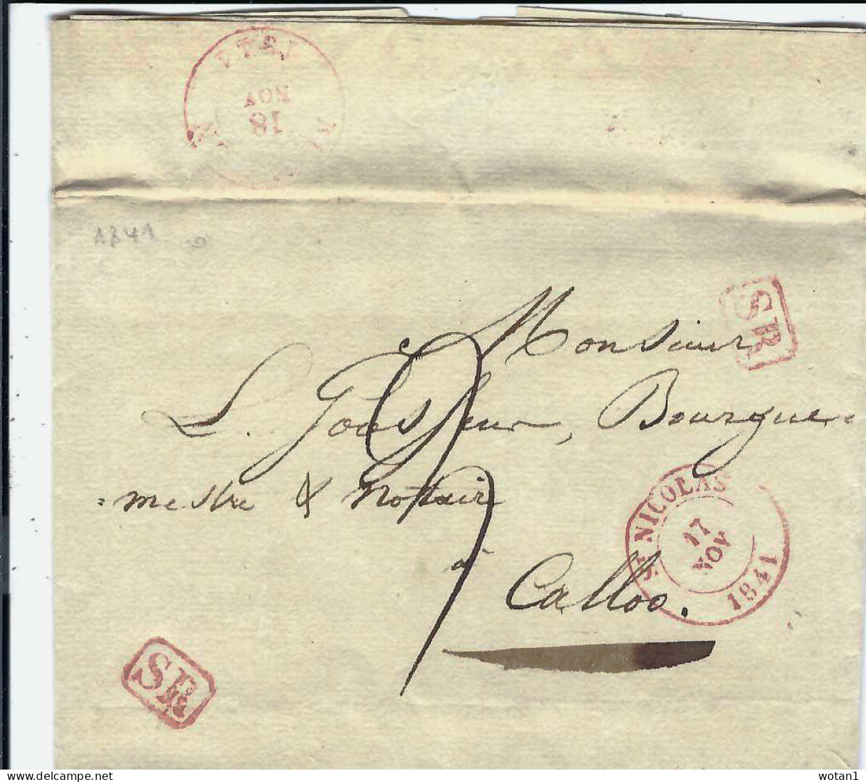 Lettre De SAINT-NICOLAS Du 17 NOV 1841 à CALLOO + Port 3 + Griffes Encadrées SR - 1830-1849 (Belgique Indépendante)