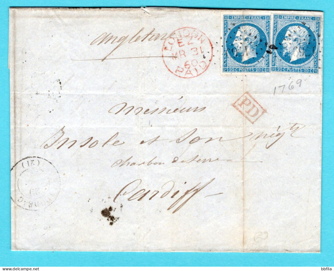 FRANCE Entire 1860 Loudeag To Cardiff, England - 1853-1860 Napoléon III