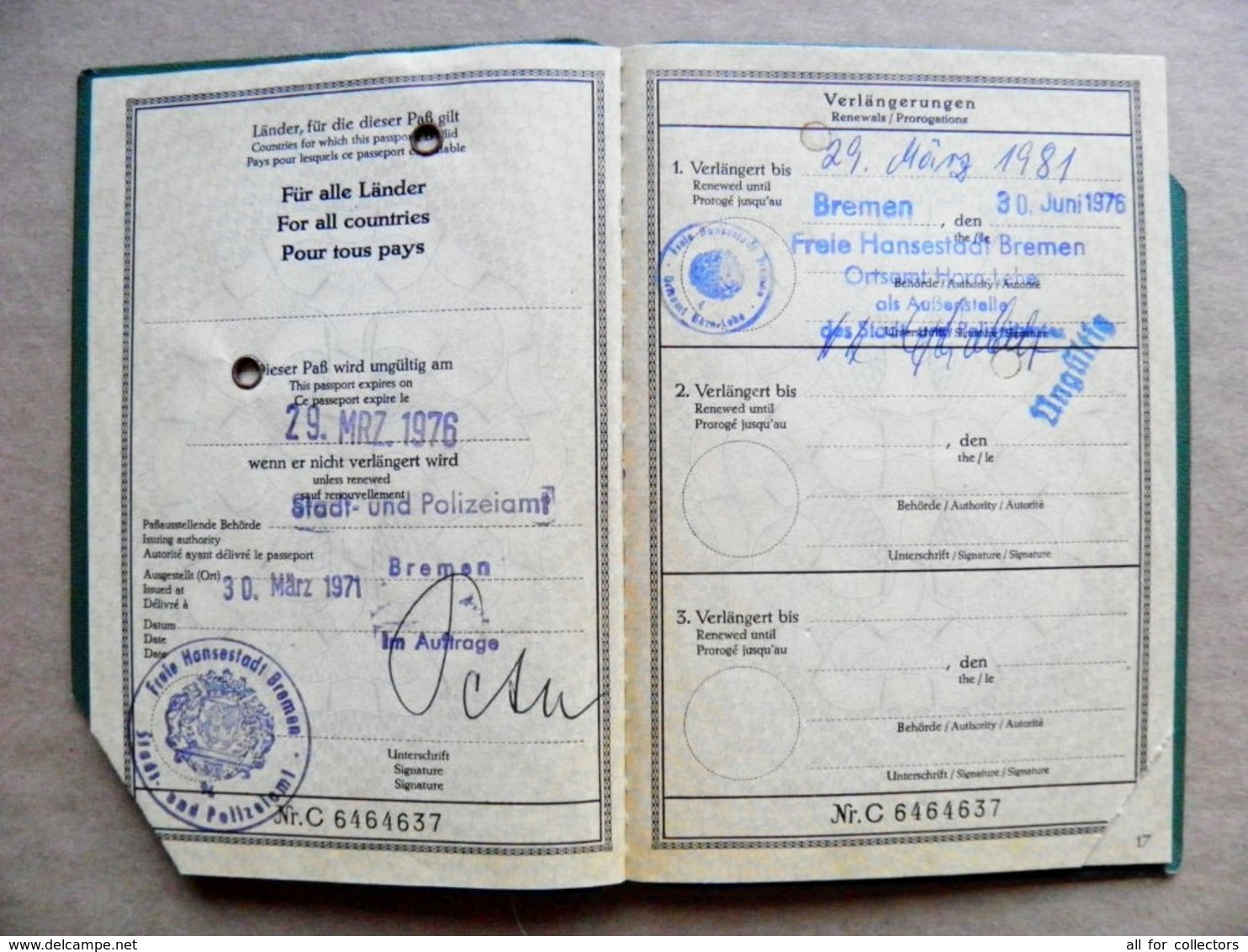 Reisepass Passport Germany Deutschland 1971 Bremen - Historische Documenten