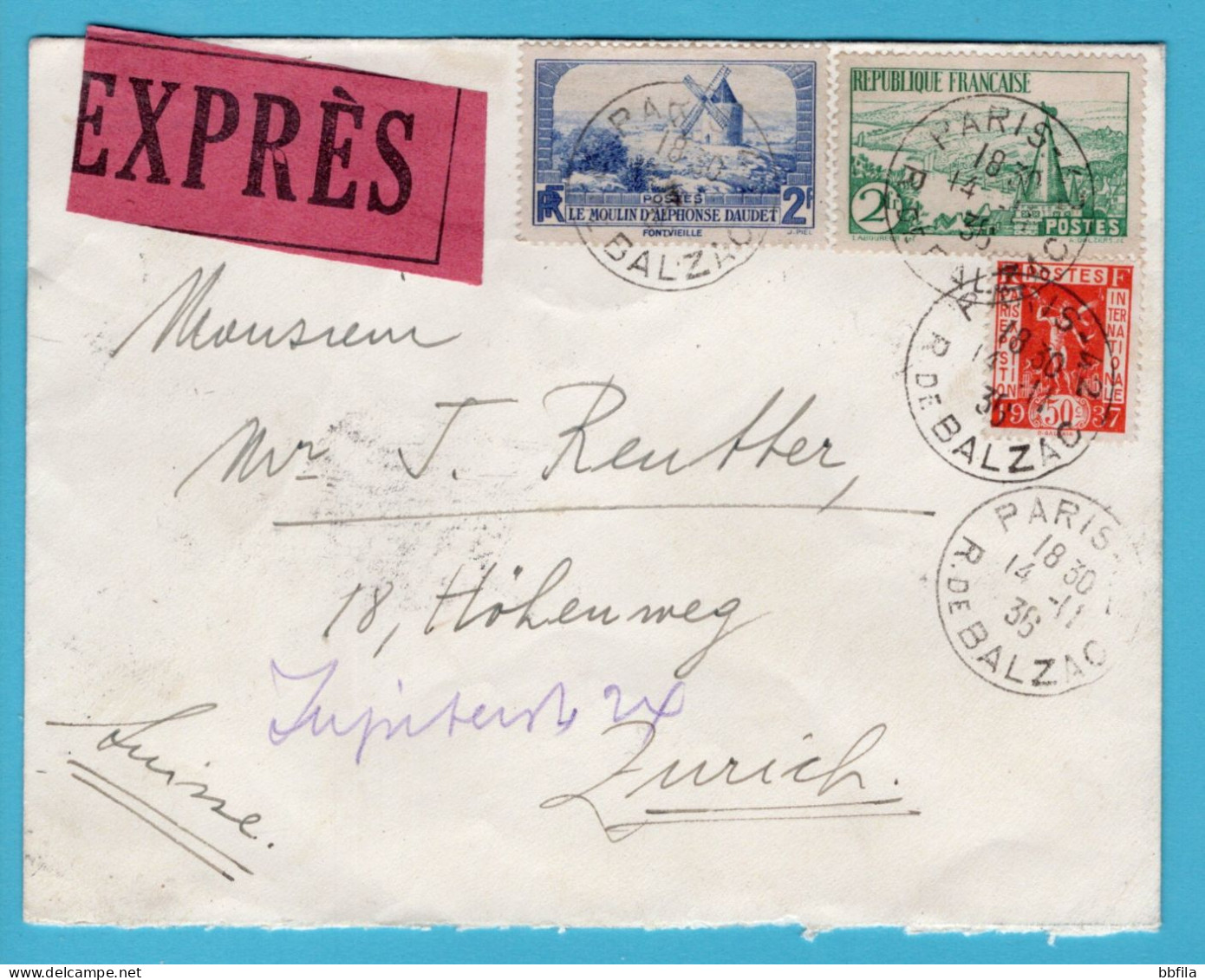 FRANCE Expres Cover 1936 Paris To Zürich, Switzerland - Lettres & Documents