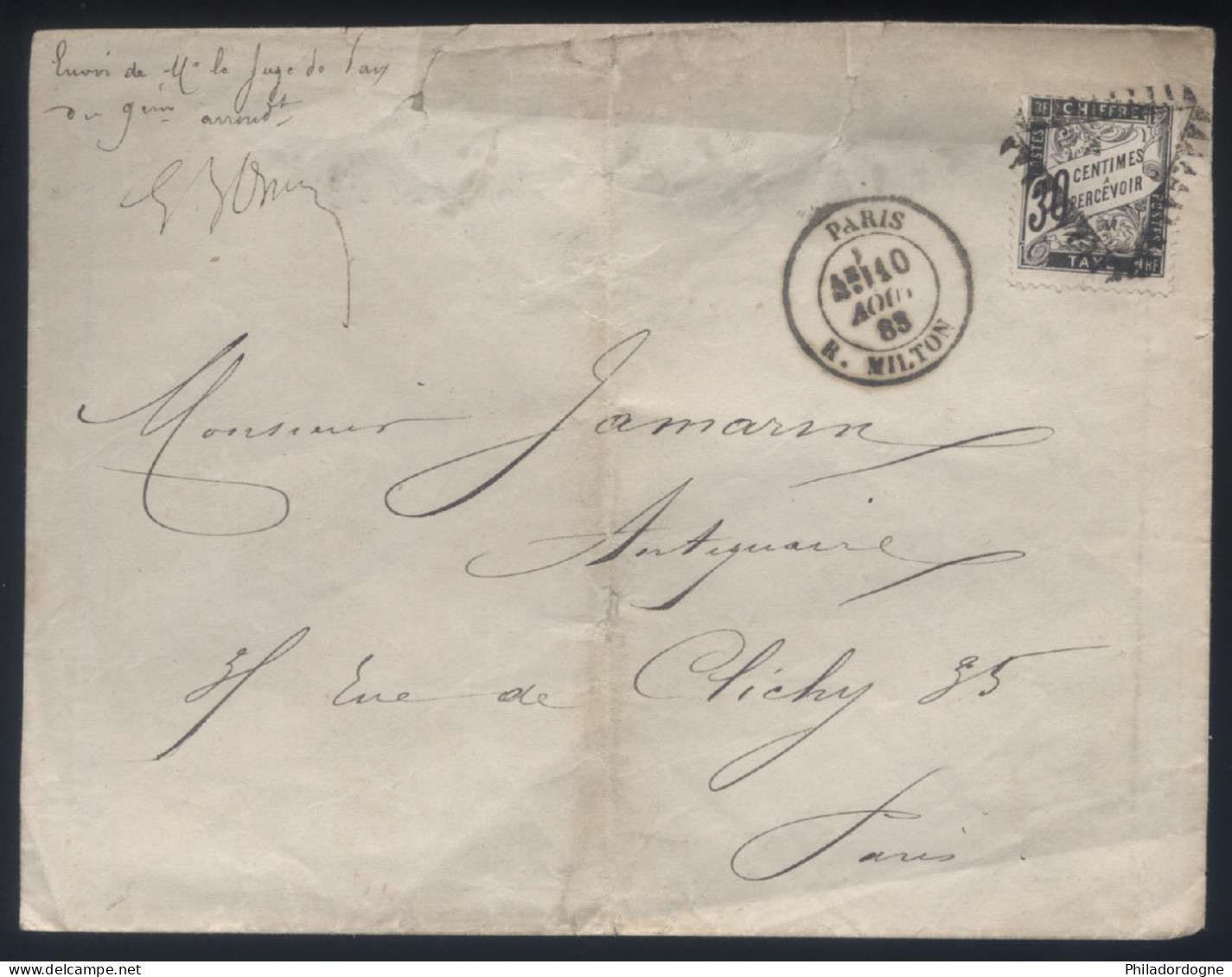 France - Taxe Yvert N° 18 Obl. Sur LsC Triangle Avec Dents Rue Milton Juge De Paix Contre Seings Rouge - 10/08/1888 - 1859-1959 Lettres & Documents