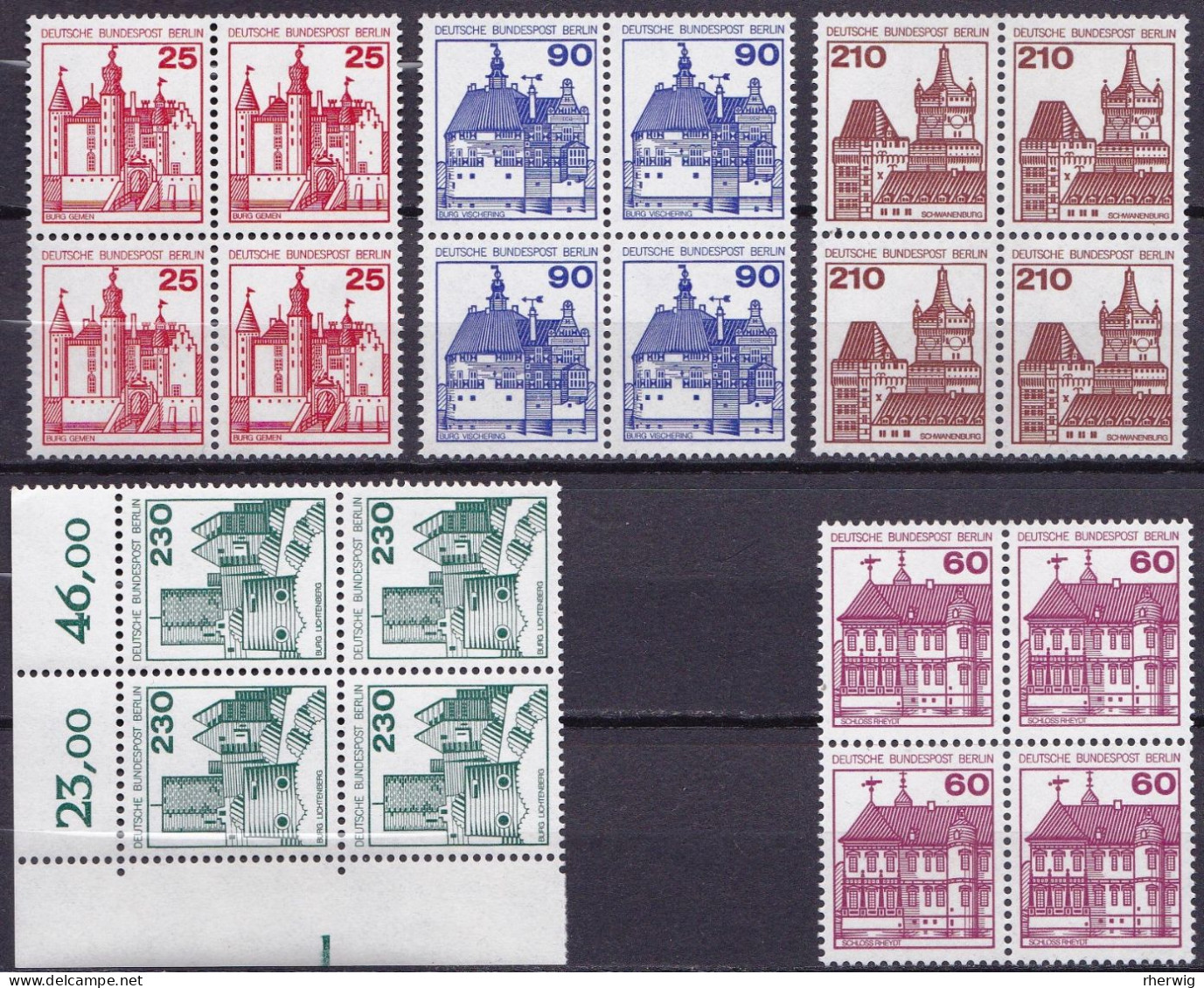 Berlin, 1978-1979, Nr.587-590, 611 **  Burgen Und Schlösser (II+III), 5 Viererblöcke - Ongebruikt