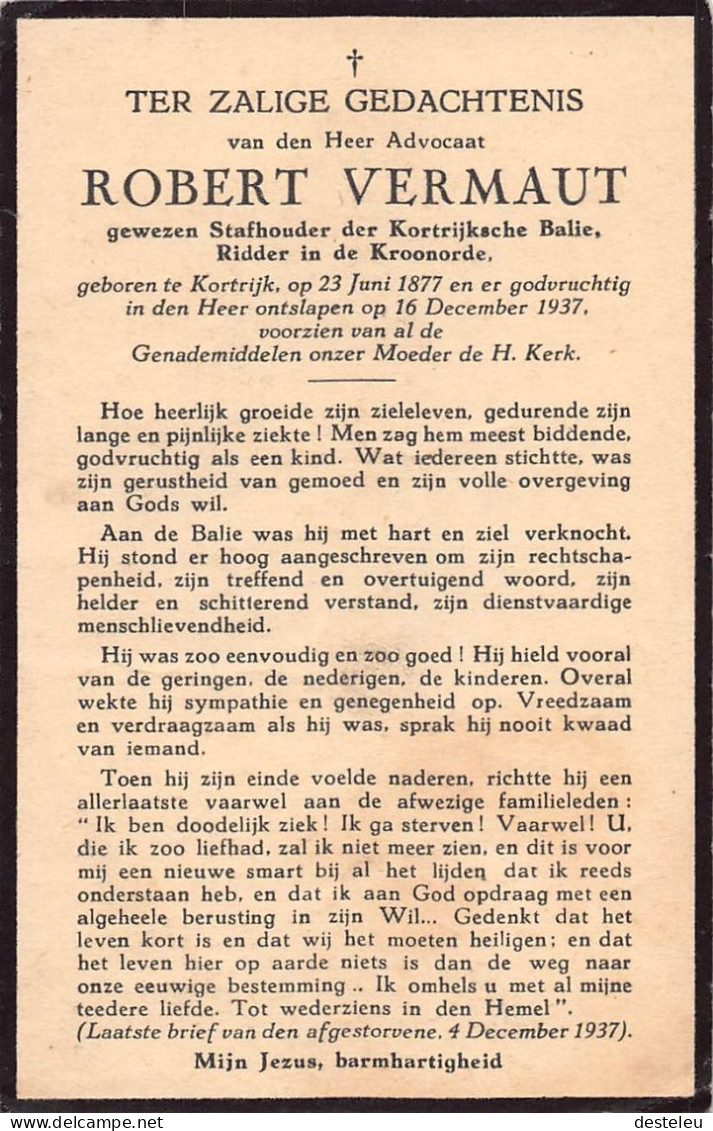 Doodsprentje / Image Mortuaire Robert Vermaut Stafhouder Kortrijkse Balie - 1877-1937 - Kortrijk - Overlijden